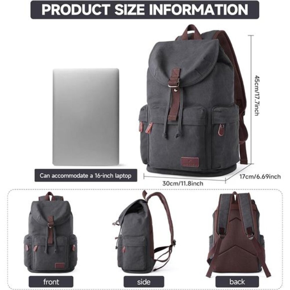 Canvas Backpack, Travel Backpacks Grey - Picture 2 of 7